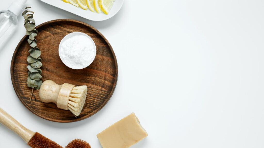 Eco friendly cleaning concept. Brushes made from natural materials, soda, soap, vinegar, lemon
