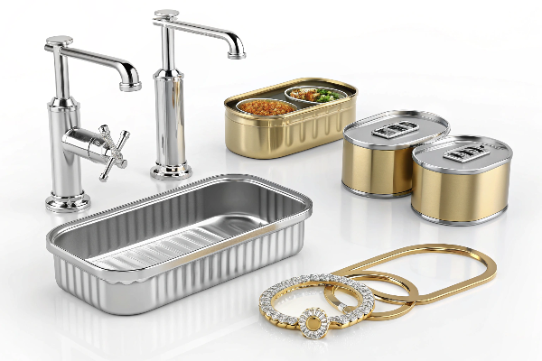 alt text: Collage of everyday objects that are often electroplated - faucet, jewelry, car bumper, tin can