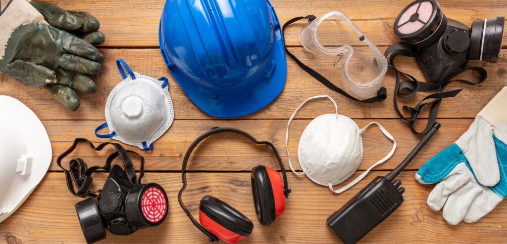 Work health and safety flat lay. Labor personal protective gear for industry and construction site.