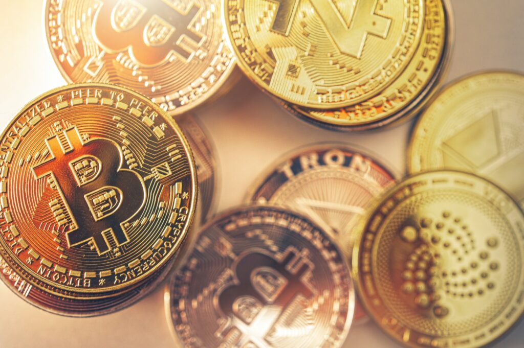 Golden Cryptocurrency Coins Close Up