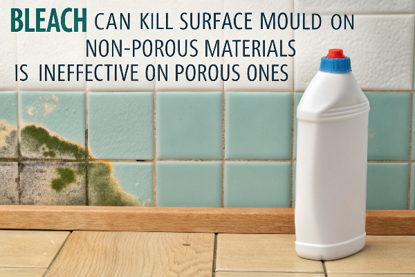 Bleach bottle next to mouldy tiles