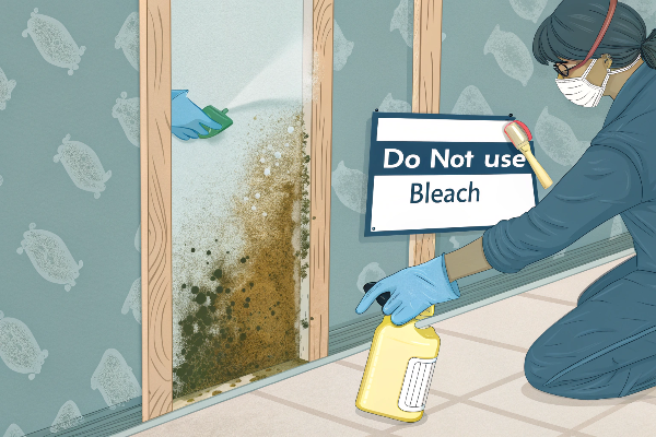 Warning sign over bleach bottle near porous surface