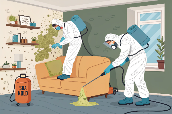 Professional mould remediation team in hazmat suits