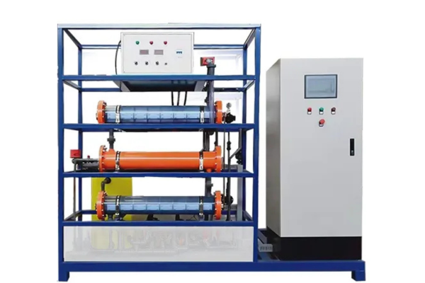 A countertop sodium hypochlorite generator device next to salt and water