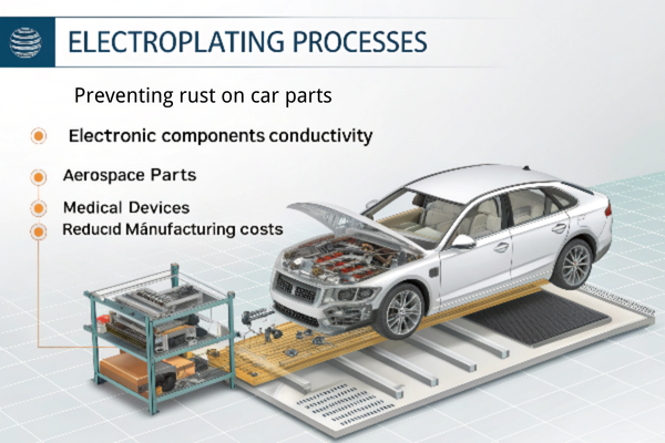 alt text: Collage of electroplated items - car bumper, circuit board, turbine blade, medical tool
