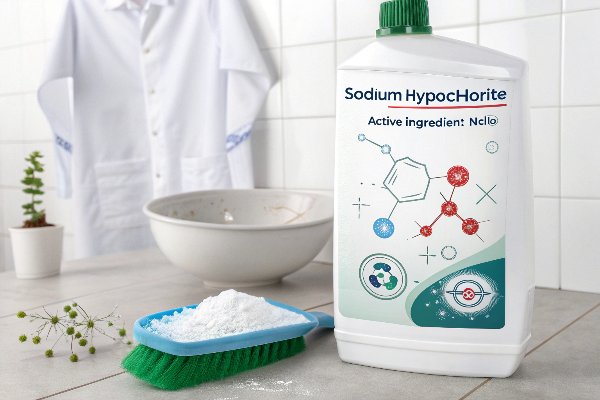 A bottle of bleach next to a chemical structure of sodium hypochlorite