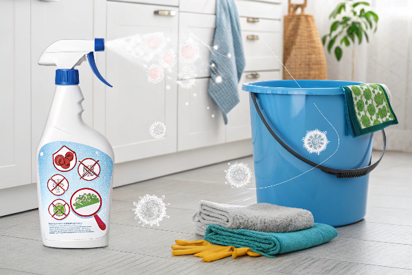 Cleaning supplies including bleach being used on a countertop