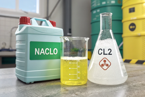 Chemical symbols Cl2 next to NaClO with arrows indicating difference