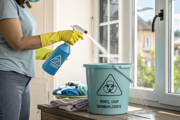 Person wearing gloves and diluting bleach with water in a well-ventilated area