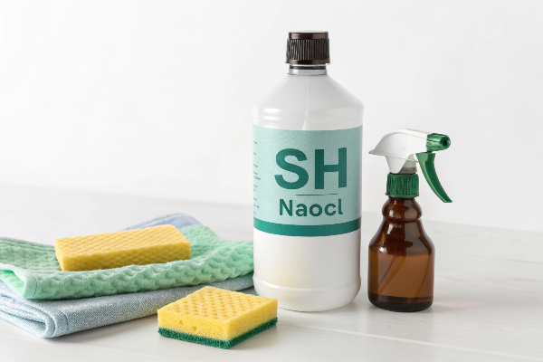 Industrial drum labeled SH next to household bleach bottles
