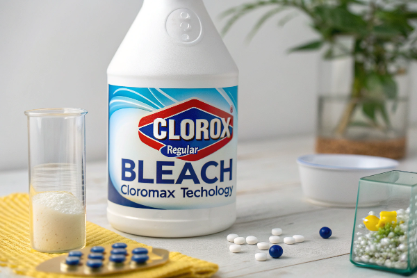 Bottle of Clorox bleach with ingredient list highlighting sodium hypochlorite