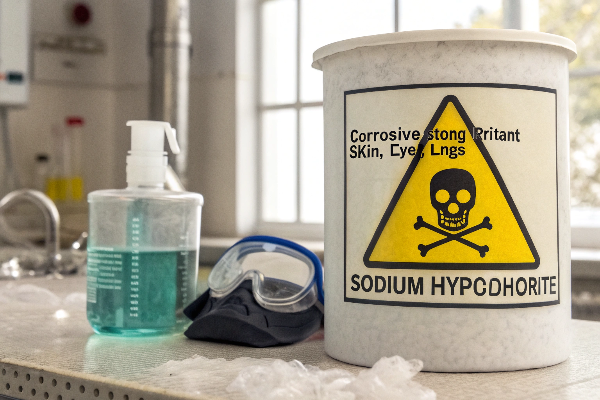 Warning symbols for corrosive and irritant materials on a sodium hypochlorite container